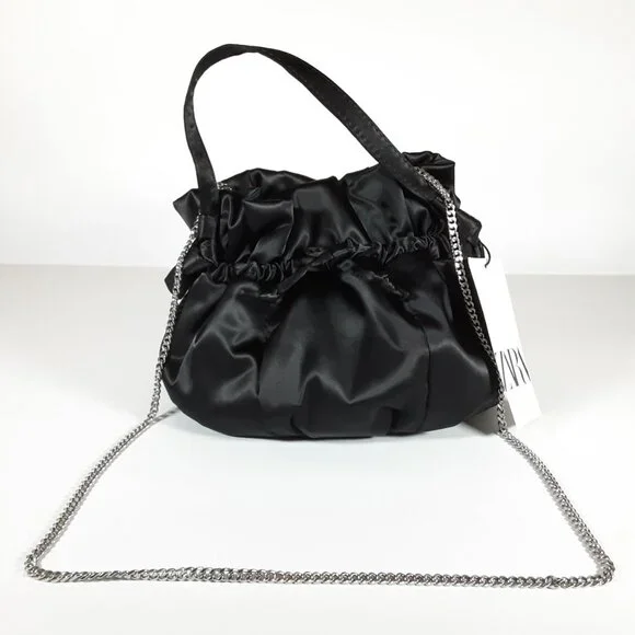 ZARA SATIN EFFECT MINI BUCKET BAG IN BLACK W/ CROSSBODY CHAIN STRAP NEW WITH TAG - Picture 6 of 10